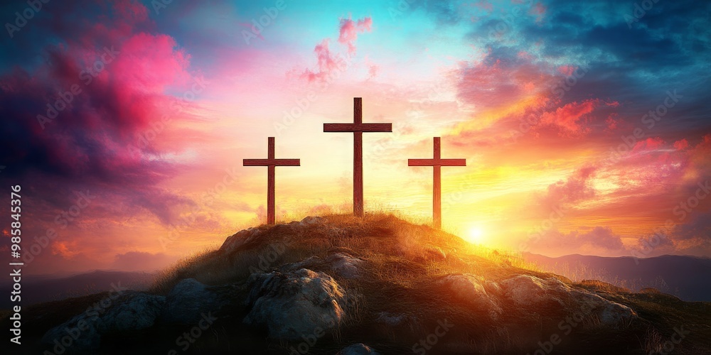 Three Crosses on Calvary Hill Against a Dramatic Sunset: A Powerful Image Evoking Themes of Faith and Reflection at Golgotha.