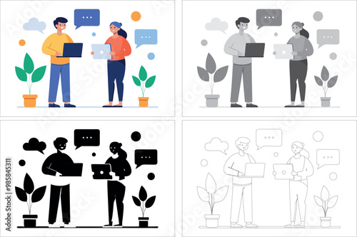 Discussion and brainstorming in team concept. Group of business people at work, office meeting. Professional communication. Isolated flat vector illustration 