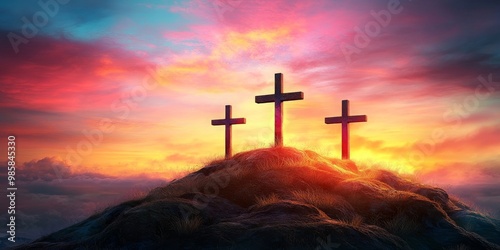 Three Crosses on Calvary Hill Against a Dramatic Sunset at Golgotha - Religious Symbolism and Historical Context