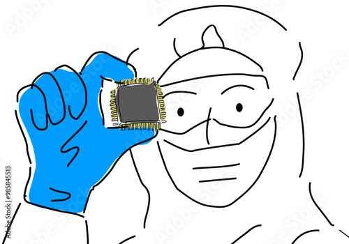 半導体LSIを持つ作業員のラフな手描き線画