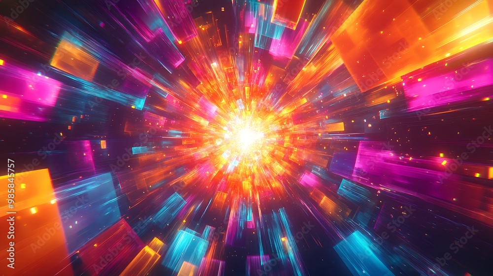 Obraz premium Abstract background with glowing colorful rectangles and bright light.