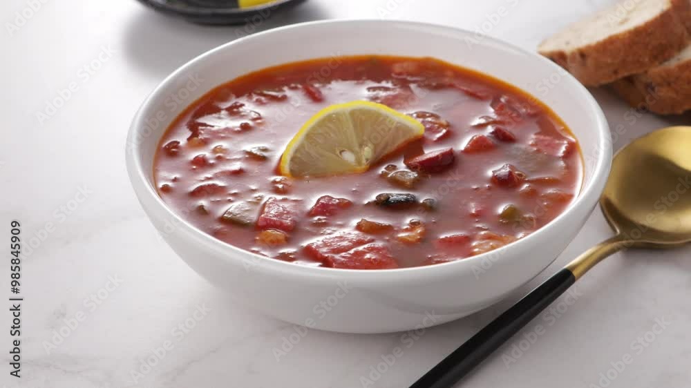 Solyanka soup in white bowl on table standing Solyanka soup in white bowl on table standing