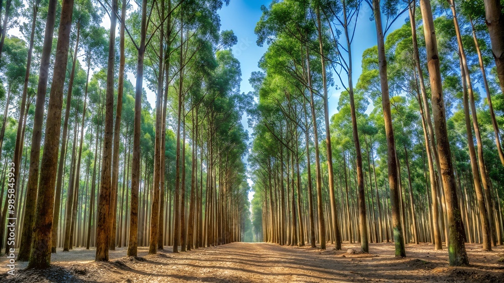 Naklejka premium Looking up rows of Eucalpytus plantations in Australian farm