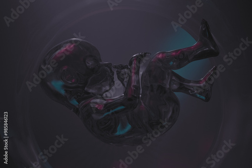 Stylized illustration of a human embryo. The theme is medicine and health care
