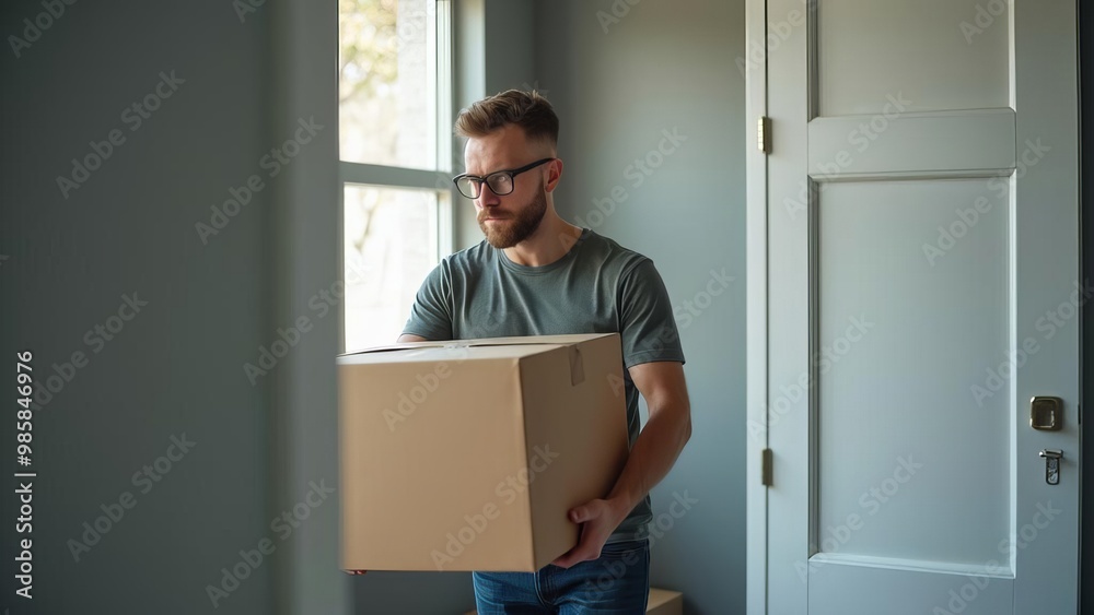 Moving Day Boxes: Man Carrying Cardboard Box Through Doorway in New Home or Apartment Moving Day Boxes: Man Carrying Cardboard Box Through Doorway in New Home or Apartment