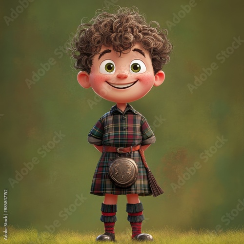 A cartoon boy with bright eyes and a wide smile, wearing a traditional Scottish kilt with a tartan pattern, a sporran at his waist, and knee-high socks. His hair is curly photo