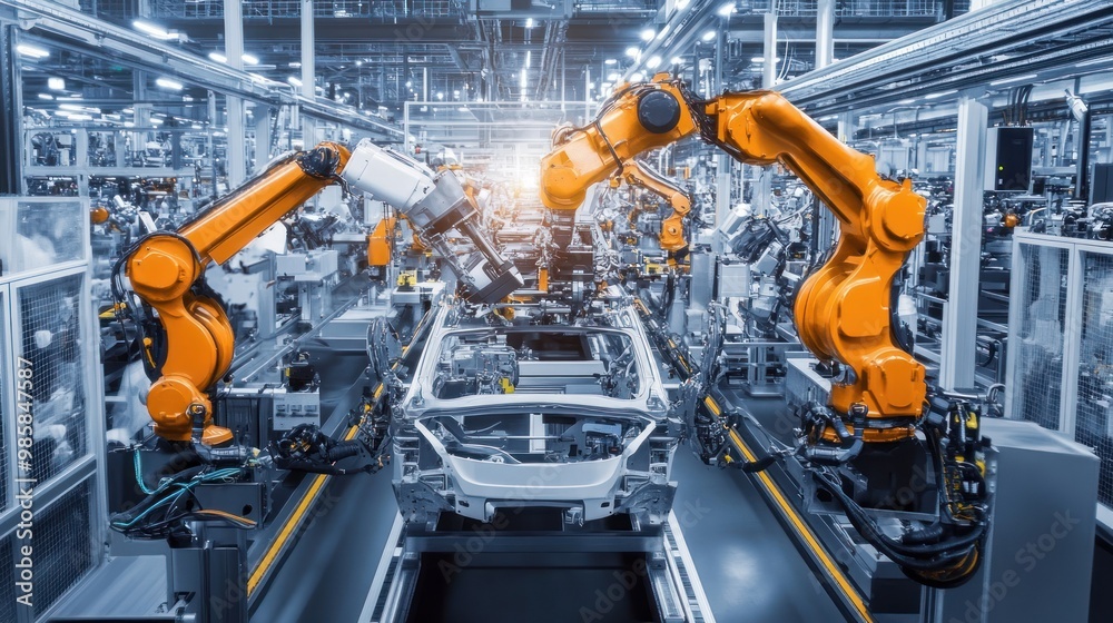 High-tech assembly line in a state-of-the-art factory, showcasing streamlined production with automated systems, High-tech assembly line in a state-of-the-art factory, showcasing streamlined production with automated systems,