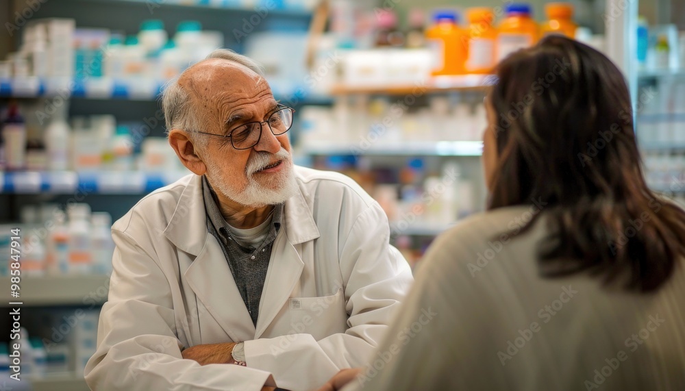 Obraz premium Senior pharmacist consulting with customer in pharmacy