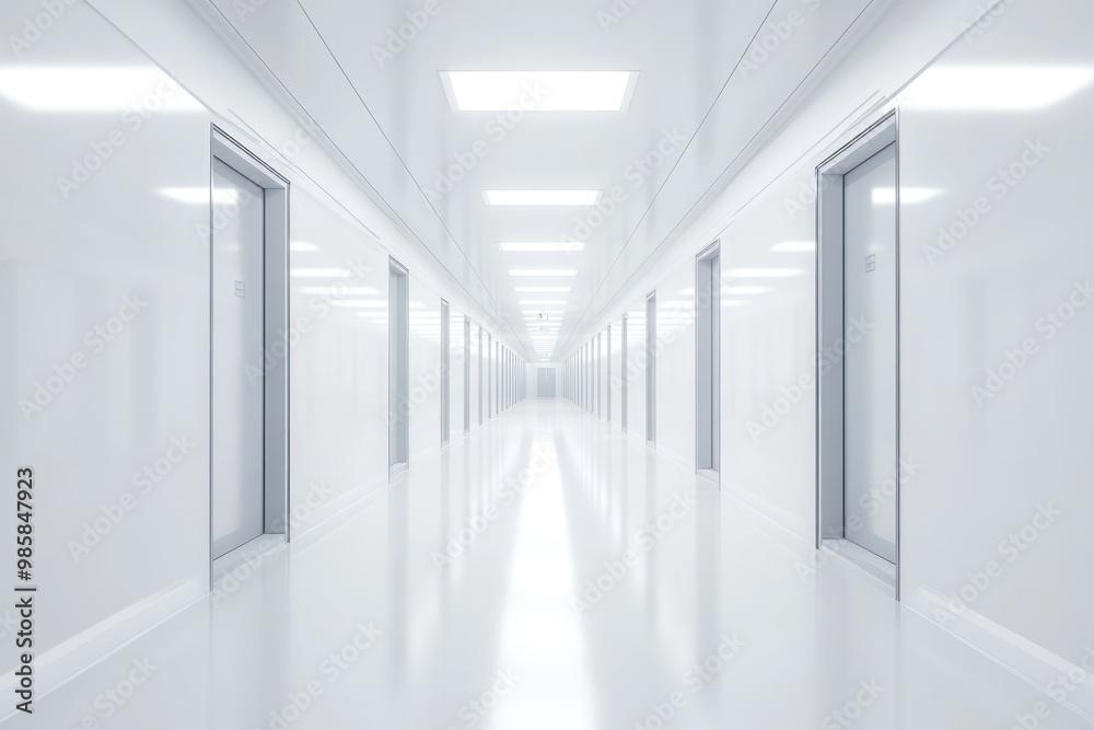 Hospital corridor with lights on solid white background, single object