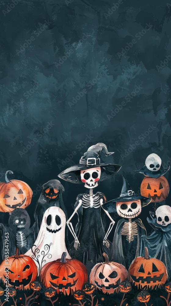 Aesthetic halloween watercolor mockup with pumpkins, ghosts, skeletons, pastel colors, dark background. Generative AI Aesthetic halloween watercolor mockup with pumpkins, ghosts, skeletons, pastel colors, dark background. Generative AI