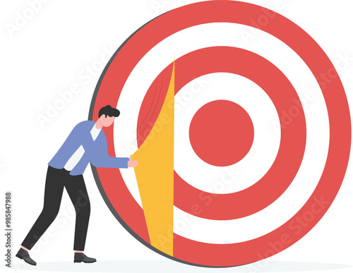 Secret to be success, business strategy to reach target or goal, objective or career challenge concept, businessman climbing up ladder to big dartboard or archery target and opening bullseye door.

