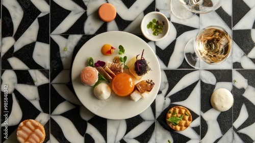 Innovative fusion cuisine featuring unexpected food pairings plated artistically on a geometric patterned surface photo