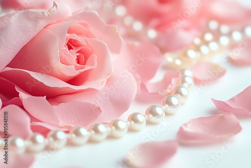 Close-up of a pink rose with pearl necklace and petals on white background.