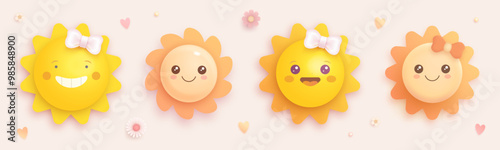 Beautiful cartoon 3d vector sun set isolated on background. Birthday, birth, baby shower card, invitation design element. Cute realistic smiling baby sun character illustration