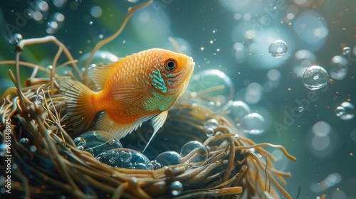 Orange Fish in a Bubble Nest. photo