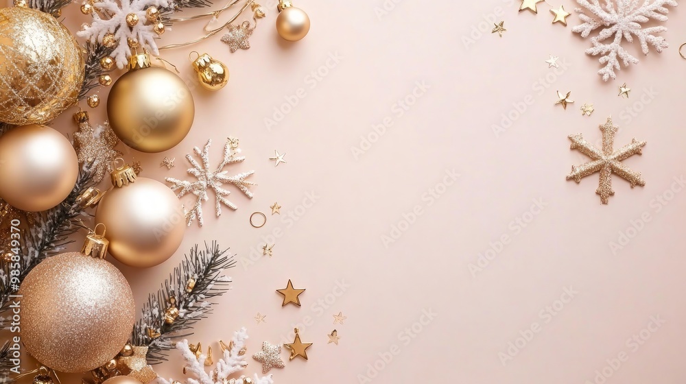 Fototapeta premium New Year Wishes! Top-view photo of chic tree decorations, golden ornaments, sparkling stars, snowflakes, sequins on a gentle pastel base, awaiting your message or advertising