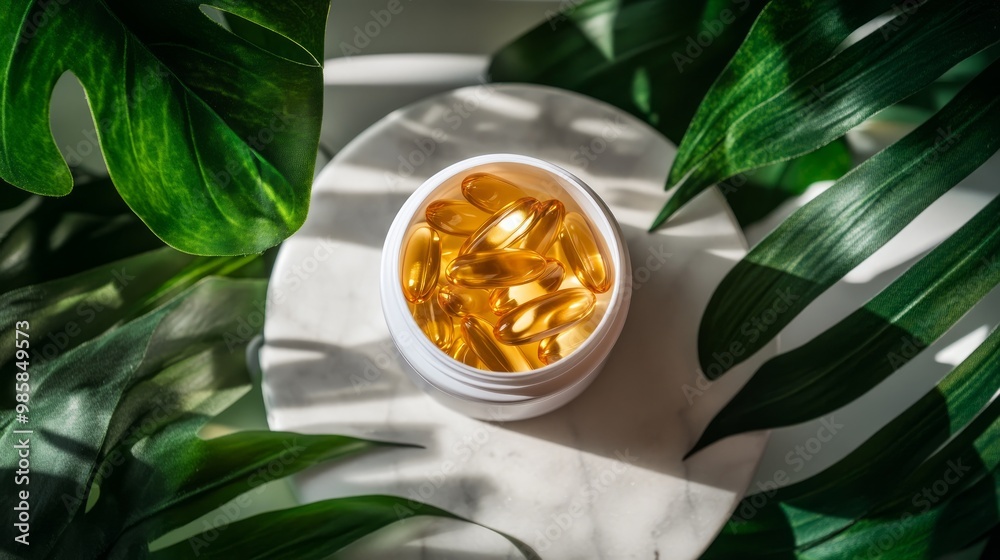 Omega-3 capsules lie in white bottle on a table with green leaves background. Fish oil tablets. Biologically active additives. omega 6, omega 9, vitamin A, E, D, vitamin D3 top view with copy space
