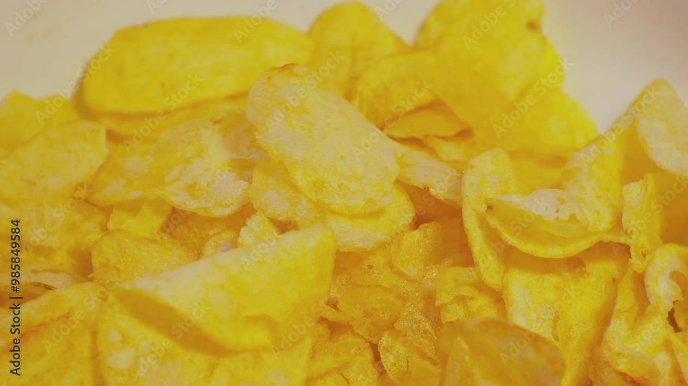 Appetizing yellow potato chips pour out of a pack into a cup. Close-up. Appetizing yellow potato chips pour out of a pack into a cup. Close-up.