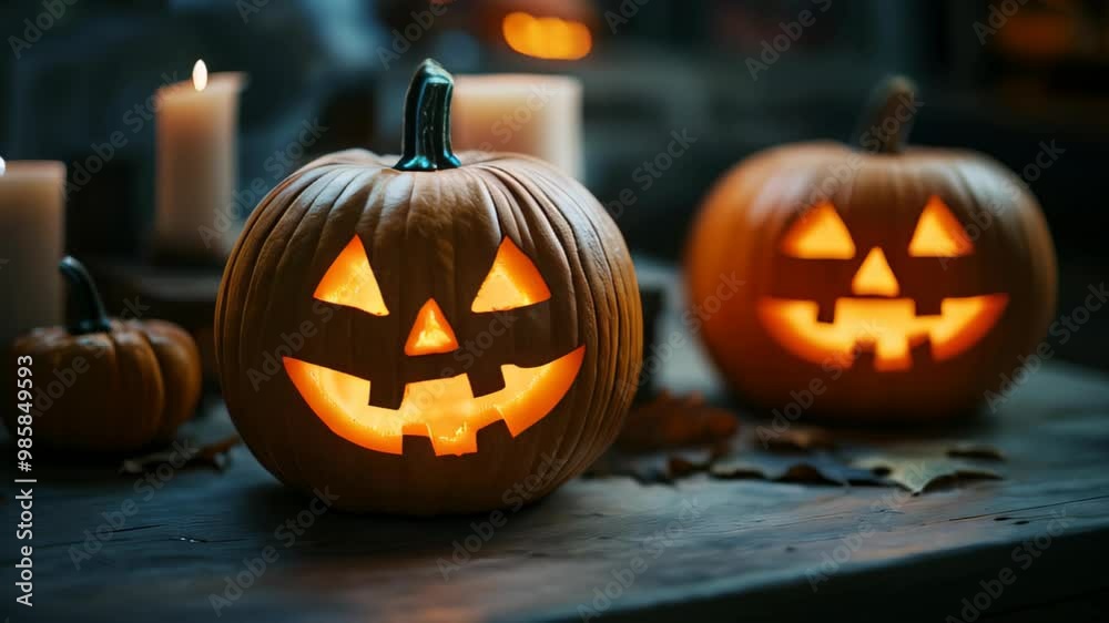 Close-up of Halloween jack-o'-lanterns on a wooden table Close-up of Halloween jack-o'-lanterns on a wooden table