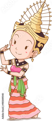 Cartoon character of Thai traditional dancer girl. Sukhothai dance of Thailand.