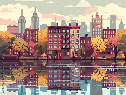 A colorful cityscape of New York with a yellow taxi cab driving down a street. The city is full of life and energy, with tall buildings and a bustling atmosphere. The sky is filled with clouds