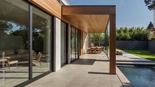 A modern two-story house with large glass windows, a minimalist facade, and a landscaped garden in the front, featuring clean lines and contemporary architecture 