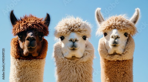 Fototapeta Naklejka Na Ścianę i Meble -  Three amusing alpacas, distinctive for their fluffy fleece, stand together against a clear blue sky. These comical animals, native to South America, are known for their gentle nature