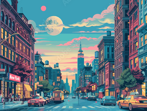 A colorful cityscape of New York with a yellow taxi cab driving down a street. The city is full of life and energy, with tall buildings and a bustling atmosphere. The sky is filled with clouds