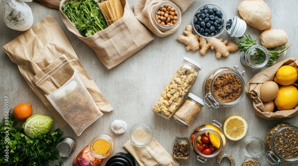 Overhead shot of a zero waste shopping scene with a variety of organic groceries in reusable bags and jars on a textured background Overhead shot of a zero waste shopping scene with a variety of organic groceries in reusable bags and jars on a textured background