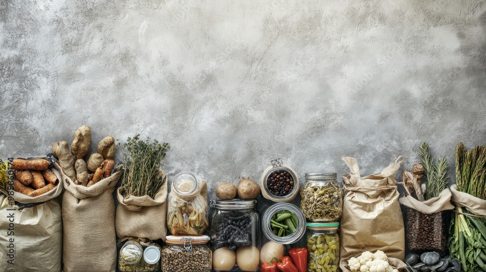 Overhead shot of a zero waste shopping scene with a variety of organic groceries in reusable bags and jars on a textured background Overhead shot of a zero waste shopping scene with a variety of organic groceries in reusable bags and jars on a textured background