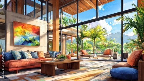 Modern living room with tropical view.