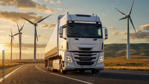 photorealistic image of a sleek, futuristic semi-trailer truck