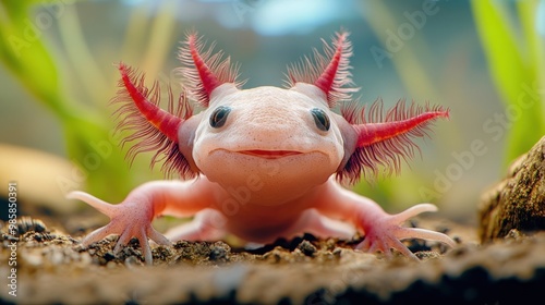 Cute Albino Axolotl with Red Gills. photo