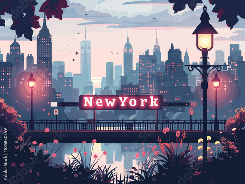 A colorful cityscape of New York with a yellow taxi cab driving down a street. The city is full of life and energy, with tall buildings and a bustling atmosphere. The sky is filled with clouds