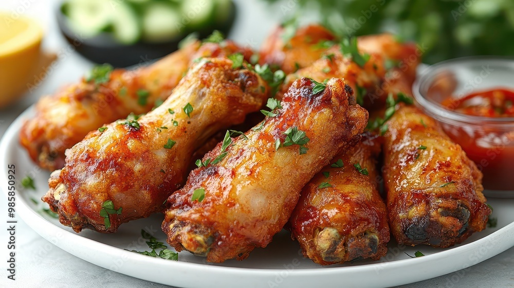 crispy golden fried chicken wings arranged on white plate appetizing closeup crispy golden fried chicken wings arranged on white plate appetizing closeup