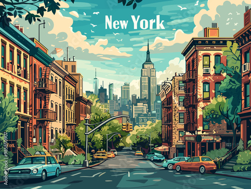 A colorful cityscape of New York with a yellow taxi cab driving down a street. The city is full of life and energy, with tall buildings and a bustling atmosphere. The sky is filled with clouds