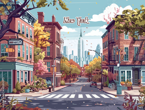 A colorful cityscape of New York with a yellow taxi cab driving down a street. The city is full of life and energy, with tall buildings and a bustling atmosphere. The sky is filled with clouds