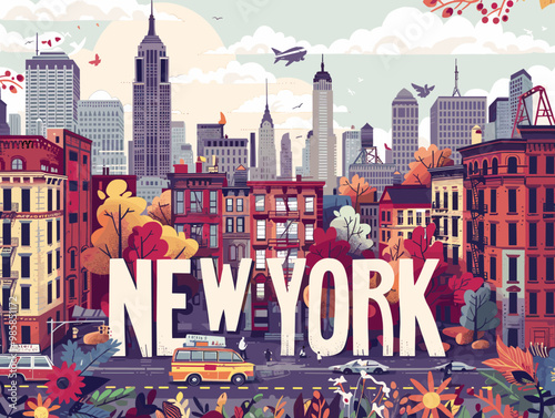 A colorful cityscape of New York with a yellow taxi cab driving down a street. The city is full of life and energy, with tall buildings and a bustling atmosphere. The sky is filled with clouds