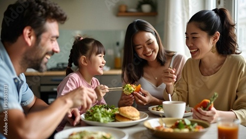 a family eating a meal at a table with a man and a woman eating.