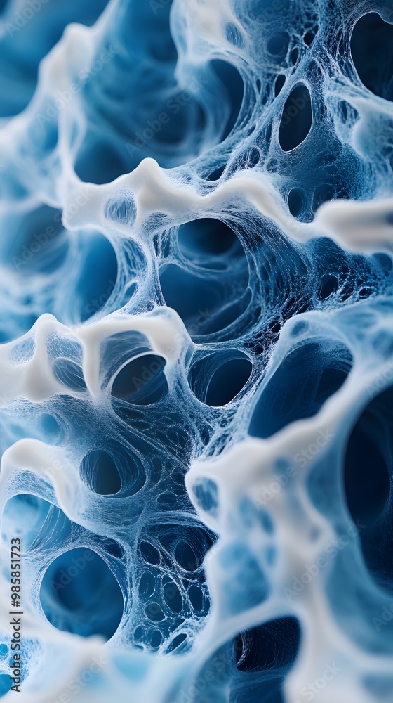 A close-up of blue foam material, showcasing its soft and voluminous appearance with swirling shapes and curves. The focus is on the texture's unique quality in high resolution.