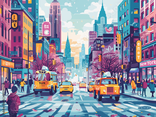A colorful cityscape of New York with a yellow taxi cab driving down a street. The city is full of life and energy, with tall buildings and a bustling atmosphere. The sky is filled with clouds