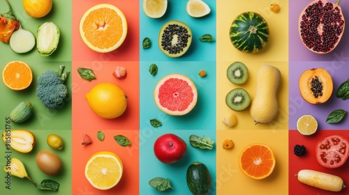 Vibrant food collage featuring fruits, vegetables, and colorful backgrounds, perfect for food and drink ads.