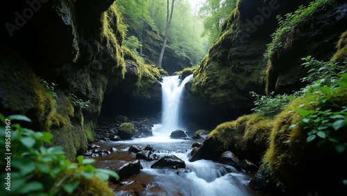 Serene waterfall cascading through a moss-covered canyon in a lush green forest