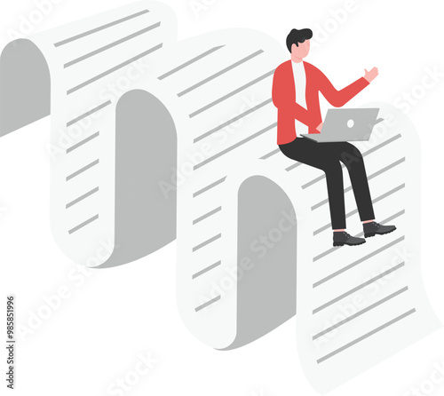 businessman sitting on a huge pile of documents concentrating on work, paperwork, bill checking


