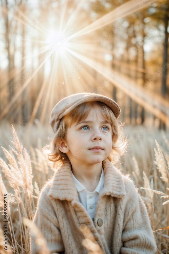 portrait of a boy in sunlight against a forest clearing in autumn colors portrait of a boy in sunlight against a forest clearing in autumn colors
