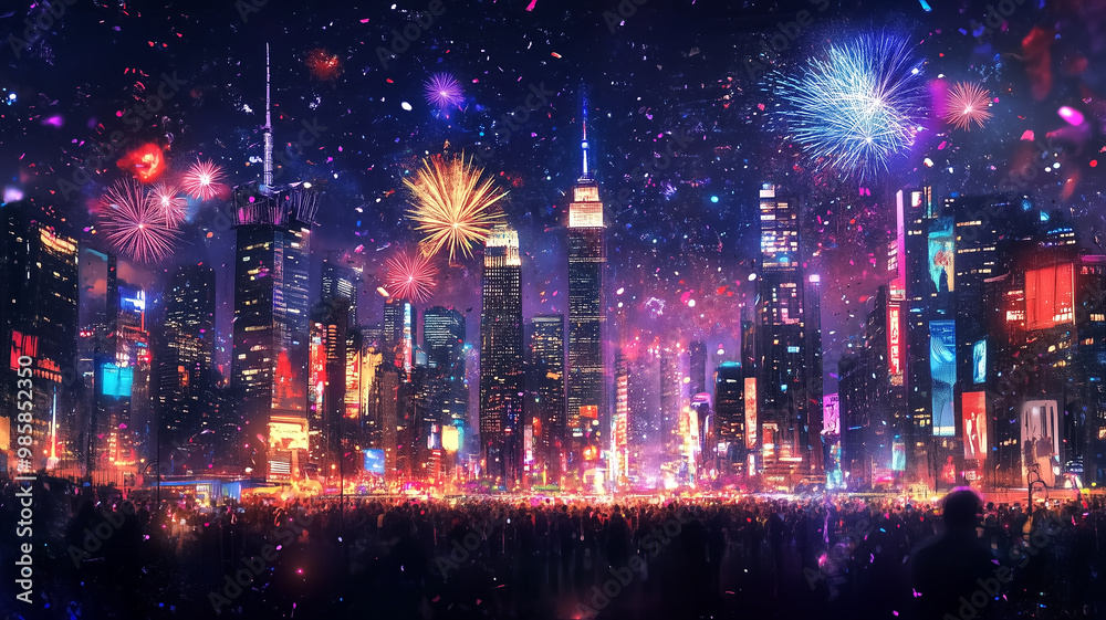 A vibrant city skyline on New Year’s Eve, fireworks illumin… A vibrant city skyline on New Year’s Eve, fireworks illumin…