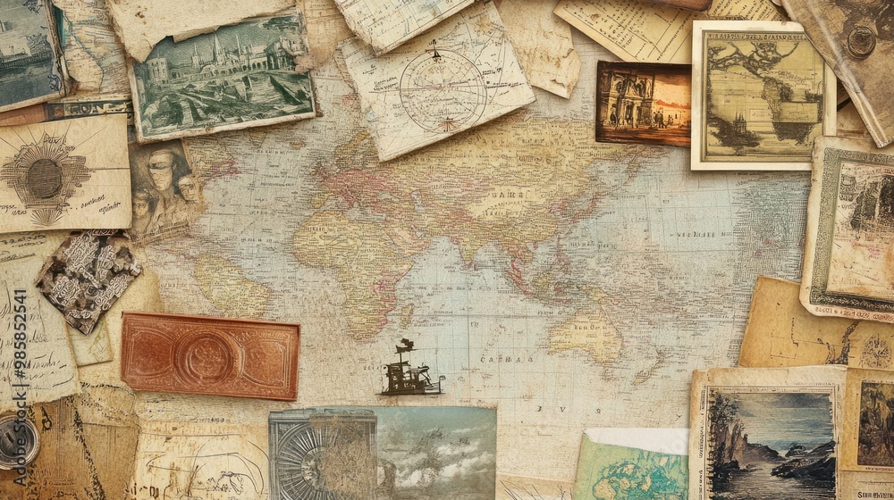 Fototapeta premium Vintage-inspired collage with old postcards, maps, and textures, great for travel-themed advertisements.