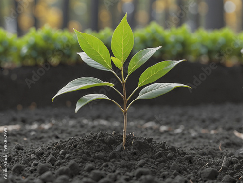 Small tree with green leafs growing in the garden