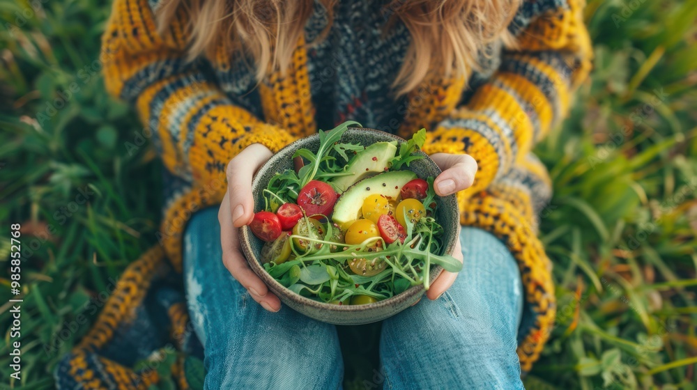 Fototapeta premium photograph of Top view of woman in jeans and warm sweater holding bowl with fresh salad, avocado, telephoto lens summer daylight cool color