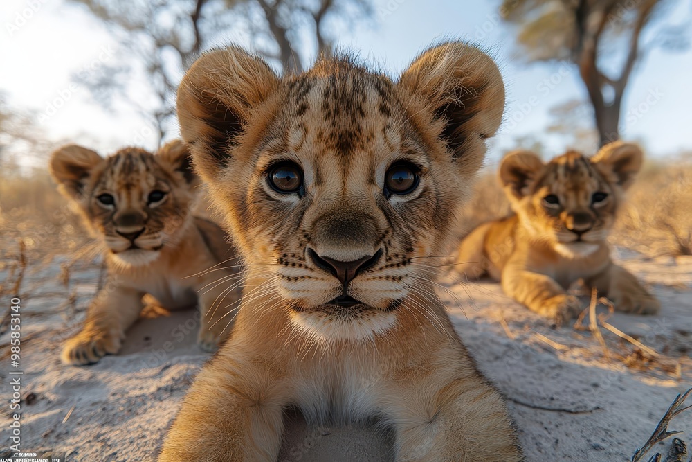 Obraz premium curious young lion cubs ultrawide angle perspective golden fur catching desert sunlight inquisitive eyes fixed on camera dusty savanna backdrop wildlife photography feel